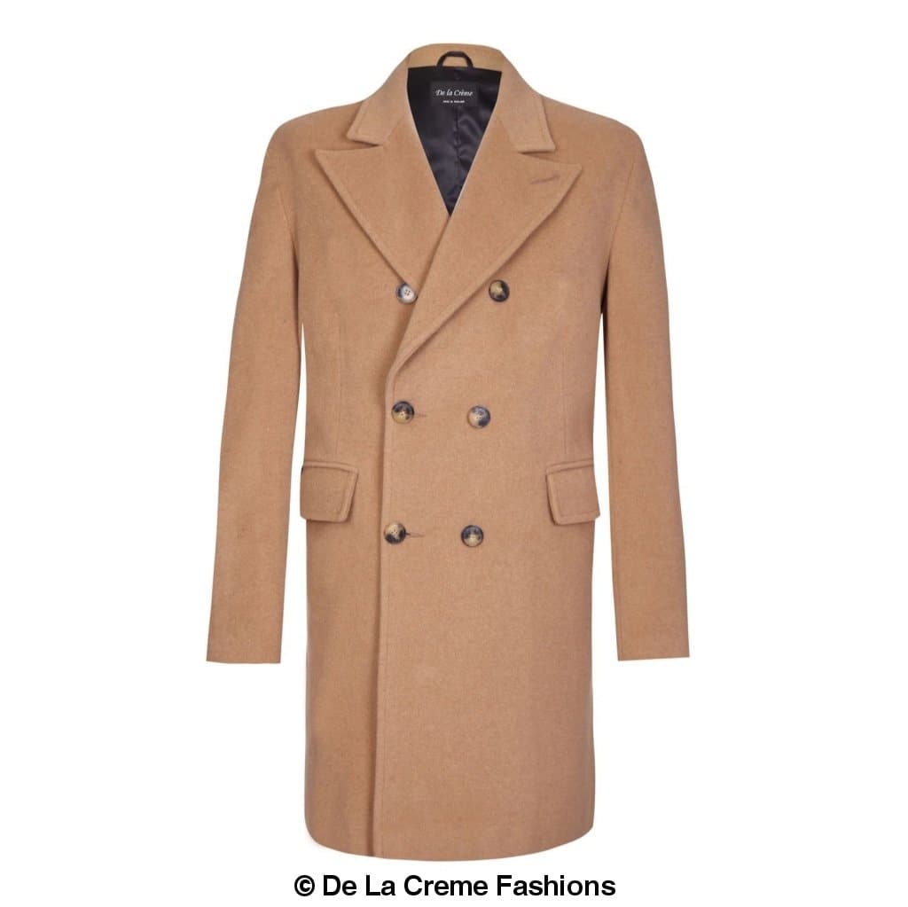 De La Creme MAN Men's Wool Blend Double Breasted Overcoat in black, showcasing its elegant design and luxurious fabric.