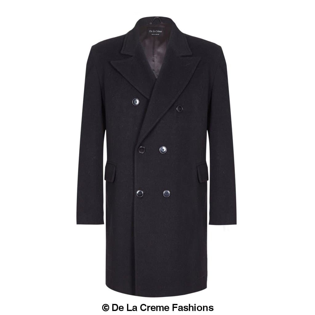 De La Creme MAN Men's Wool Blend Double Breasted Overcoat in black, showcasing its elegant design and luxurious fabric.