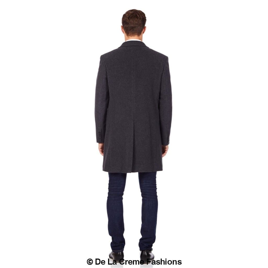 De La Creme MAN Men's Wool Blend Double Breasted Overcoat in black, showcasing its elegant design and luxurious fabric.