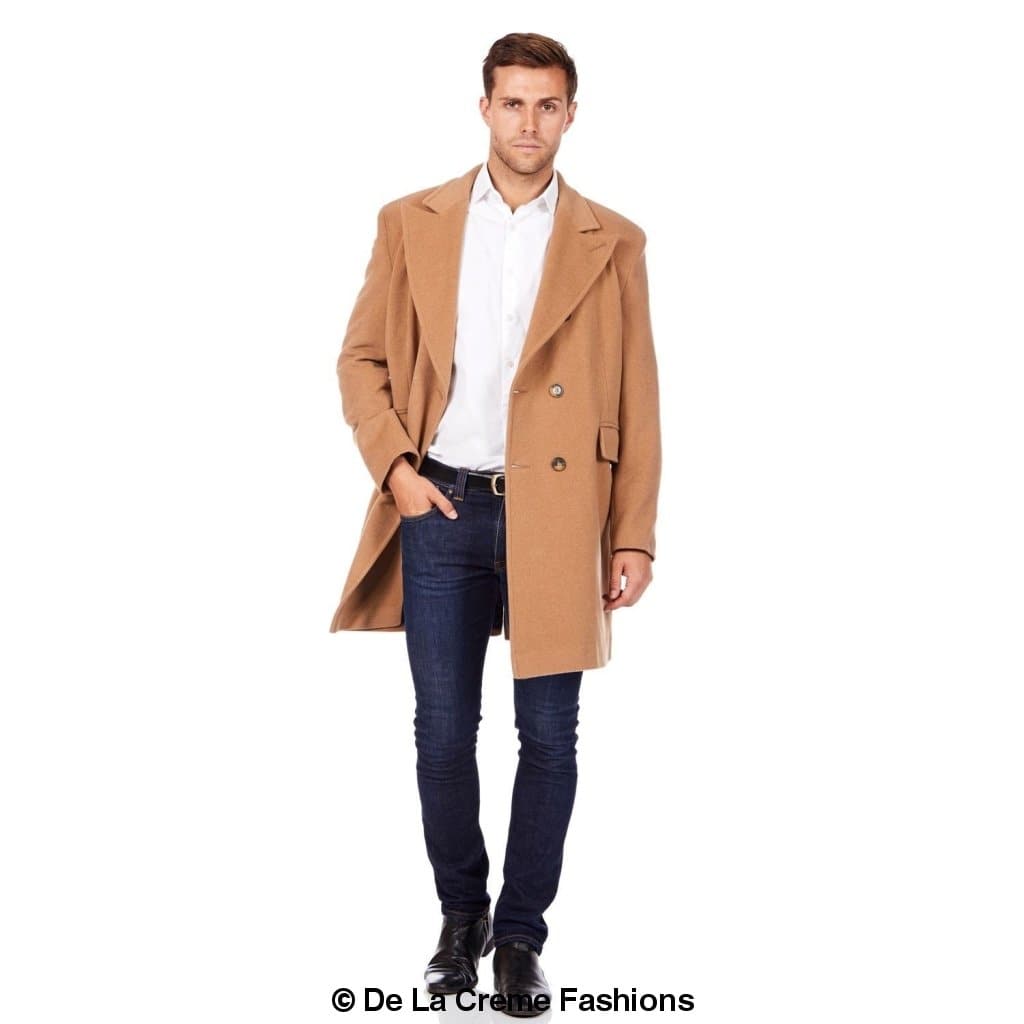 De La Creme MAN Men's Wool Blend Double Breasted Overcoat in black, showcasing its elegant design and luxurious fabric.