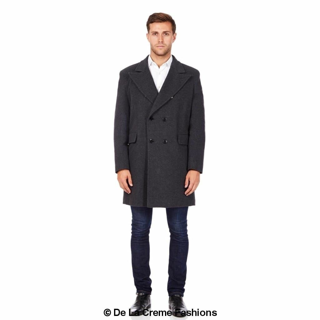 De La Creme MAN Men's Wool Blend Double Breasted Overcoat in black, showcasing its elegant design and luxurious fabric.