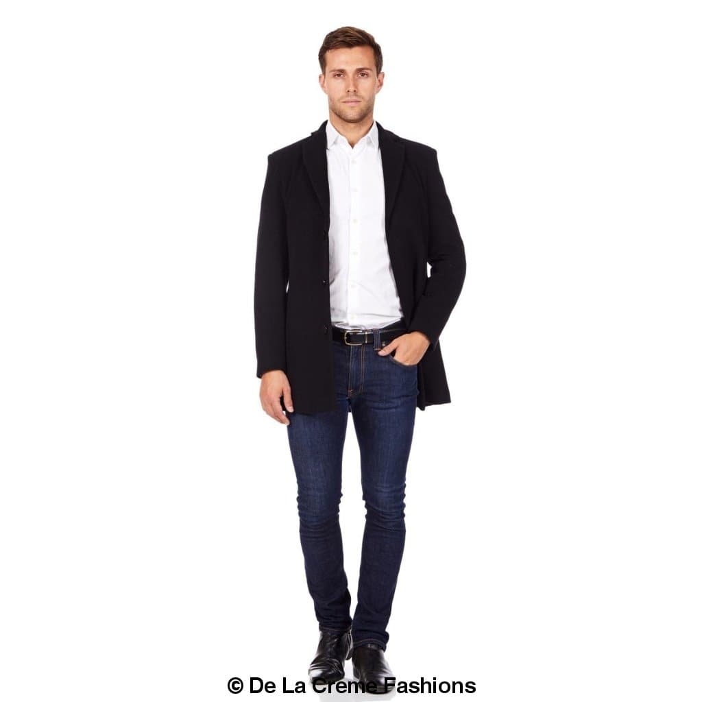 De La Creme MAN Wool Blend Covert Winter Coat in black, showcasing its elegant design and buttoned fastening.