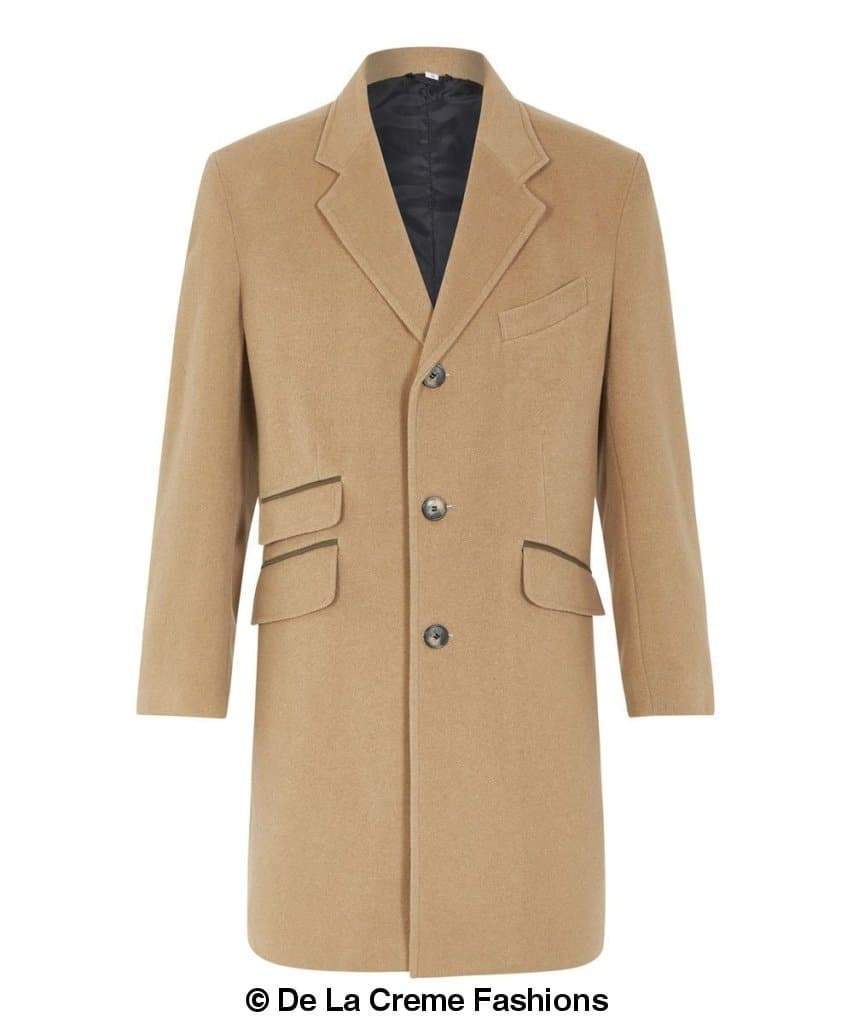 De La Creme MAN Wool Blend Retro Mod Coat in black, showcasing its stylish single-breasted design and high-quality fabric.