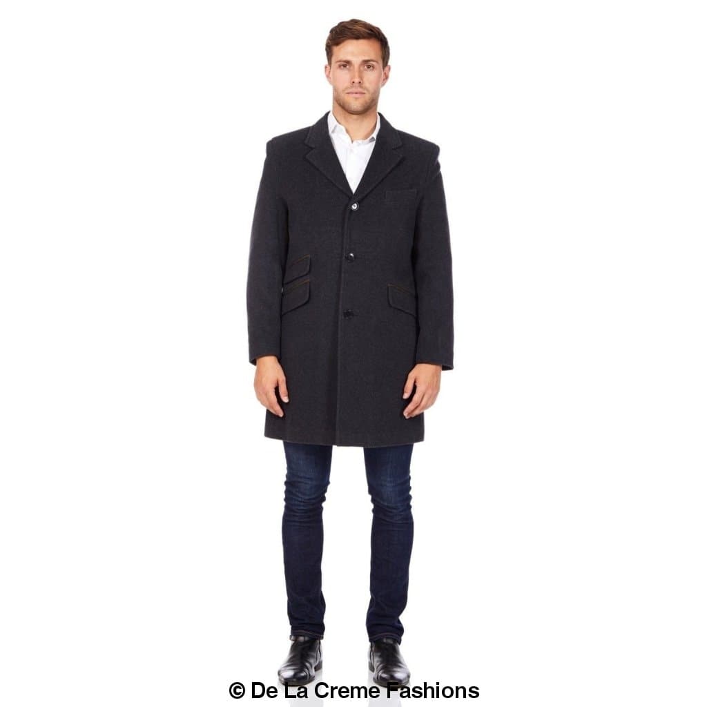 De La Creme MAN Wool Blend Retro Mod Coat in black, showcasing its stylish single-breasted design and high-quality fabric.