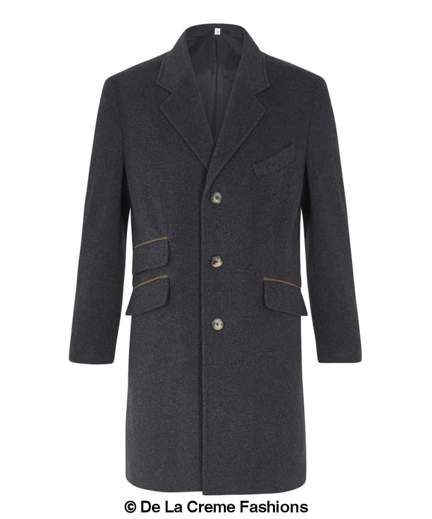 De La Creme MAN Wool Blend Retro Mod Coat in black, showcasing its stylish single-breasted design and high-quality fabric.