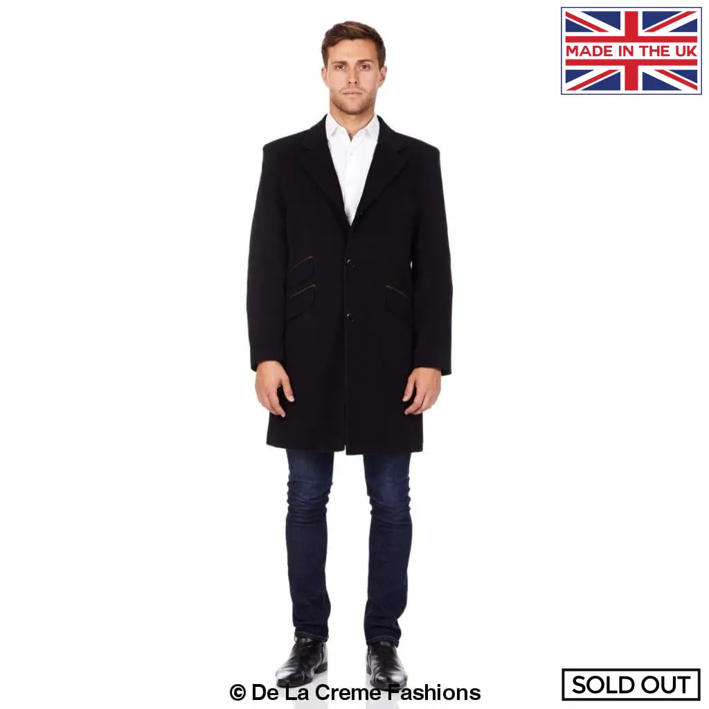 De La Creme MAN Wool Blend Retro Mod Coat in black, showcasing its stylish single-breasted design and high-quality fabric.