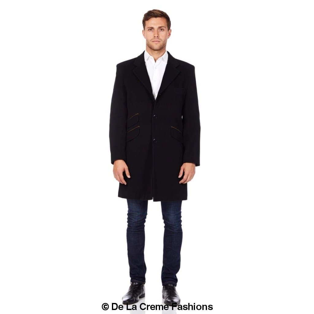 De La Creme MAN Wool Blend Retro Mod Coat in black, showcasing its stylish single-breasted design and high-quality fabric.