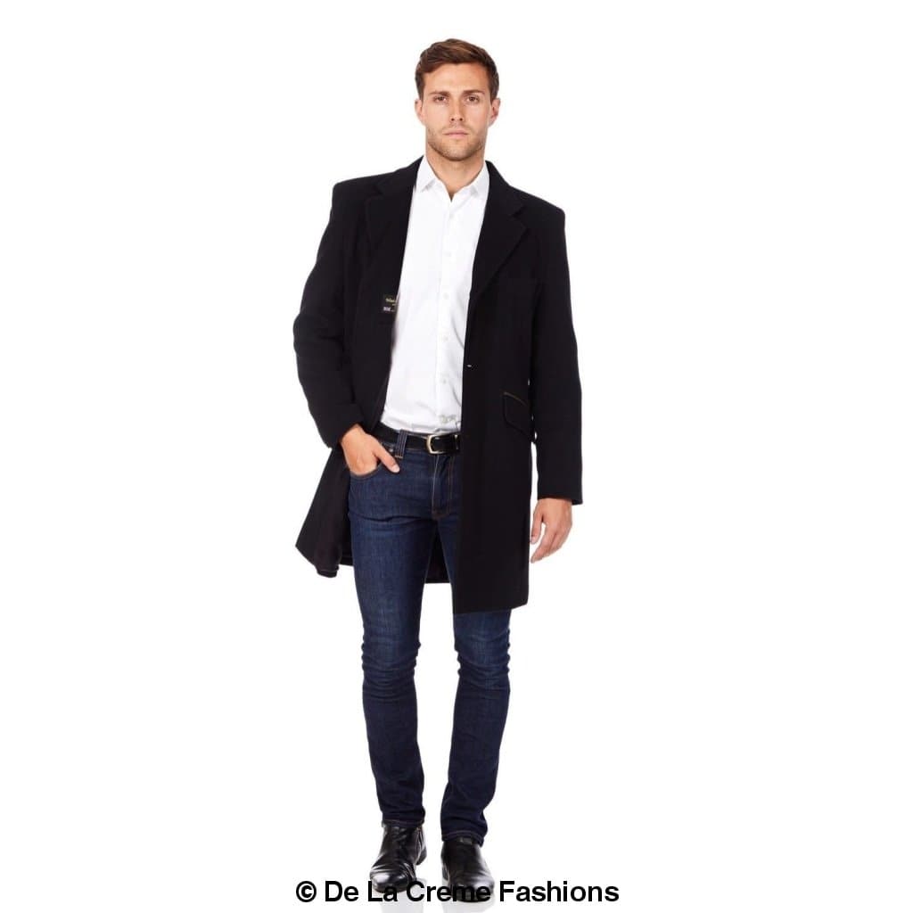 De La Creme MAN Wool Blend Retro Mod Coat in black, showcasing its stylish single-breasted design and high-quality fabric.