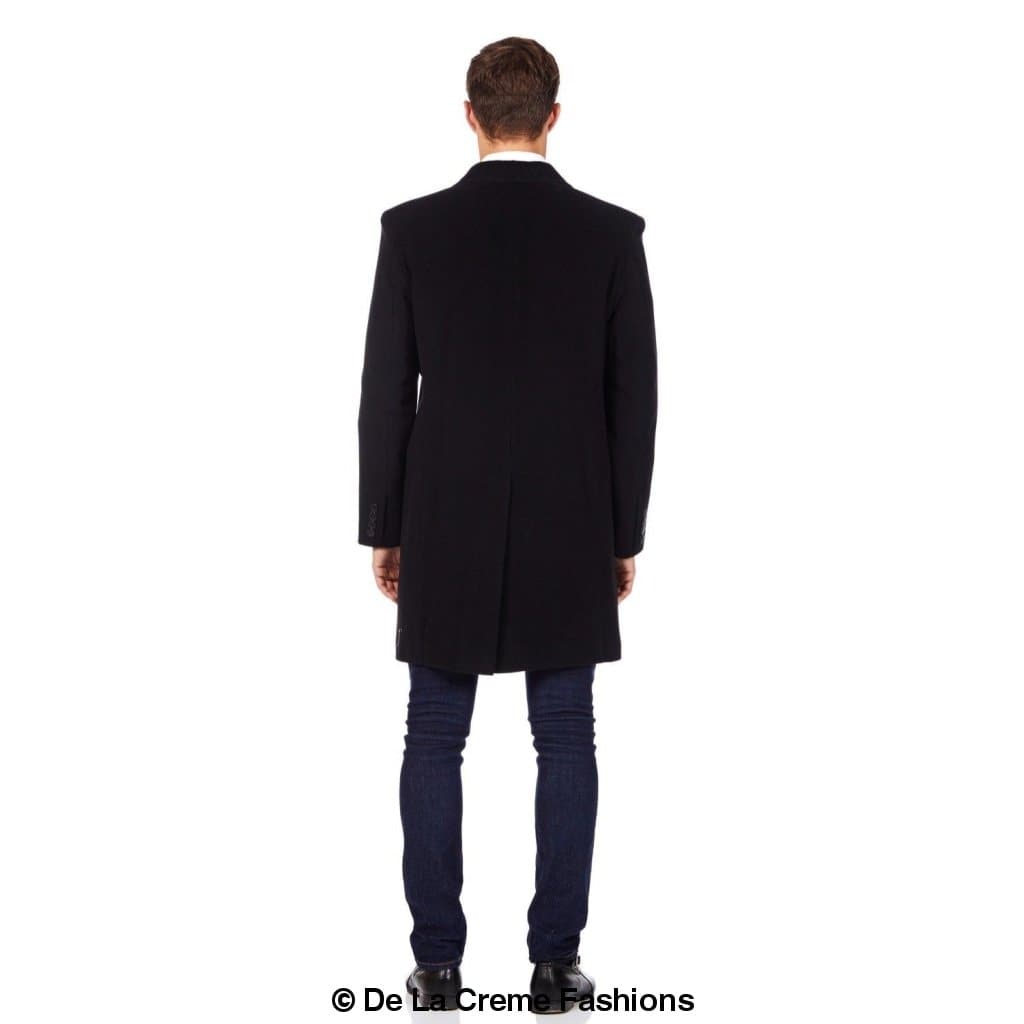 De La Creme MAN Wool Blend Retro Mod Coat in black, showcasing its stylish single-breasted design and high-quality fabric.