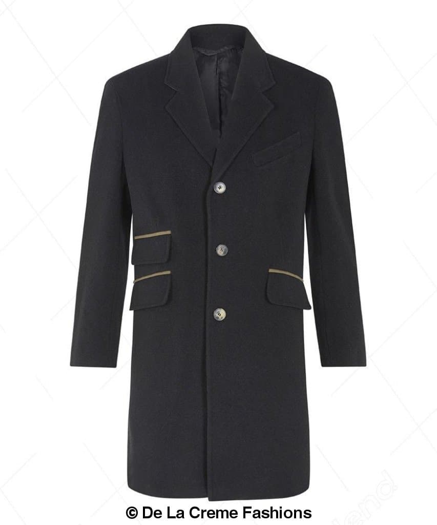 De La Creme MAN Wool Blend Retro Mod Coat in black, showcasing its stylish single-breasted design and high-quality fabric.