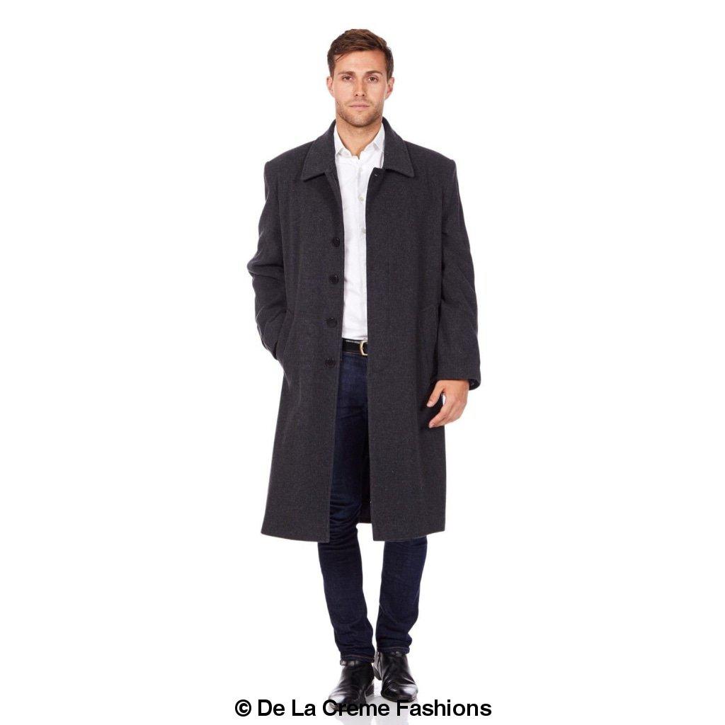 De La Creme MAN Wool & Cashmere Long Formal Overcoat in black, showcasing its elegant design and concealed button fastening.