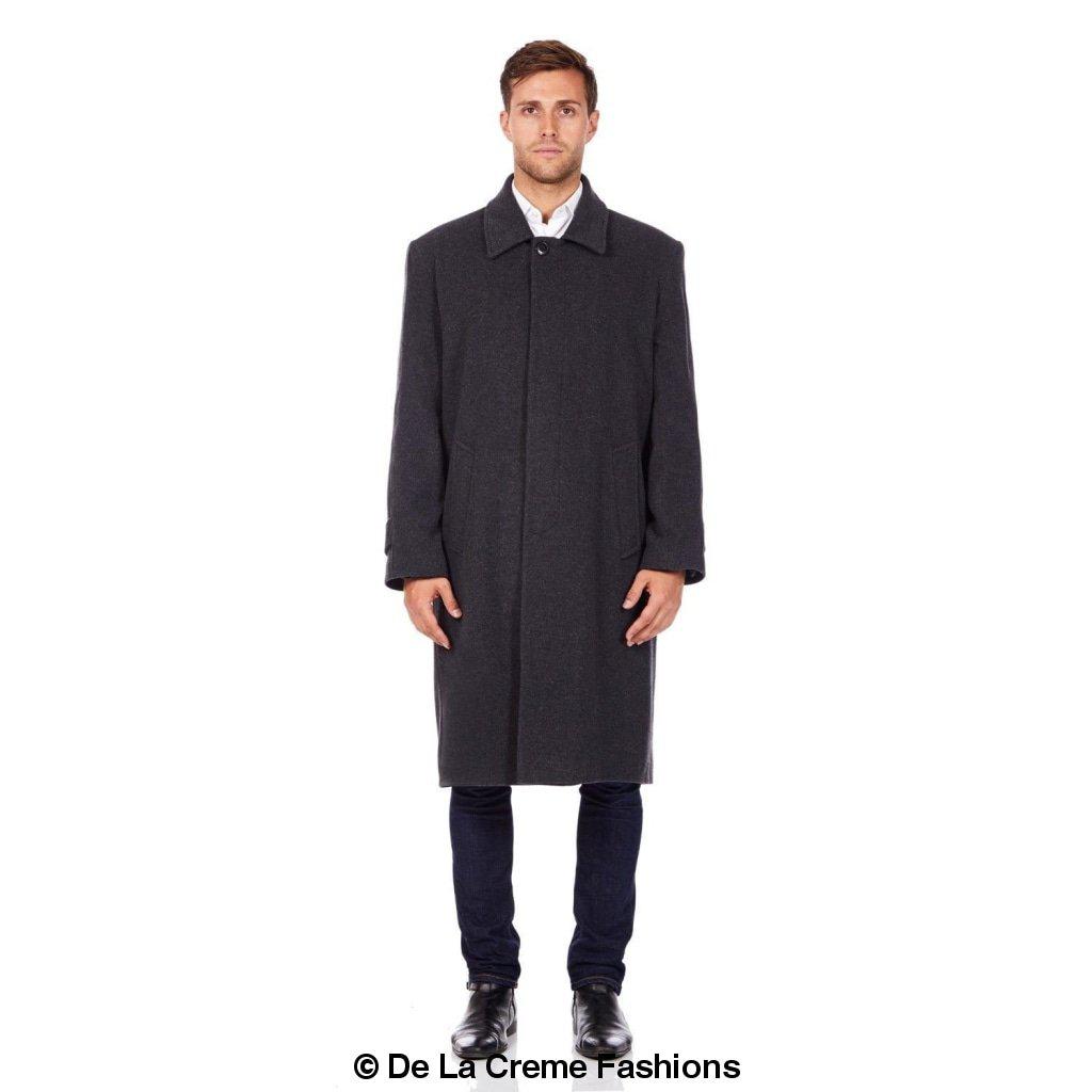 De La Creme MAN Wool & Cashmere Long Formal Overcoat in black, showcasing its elegant design and concealed button fastening.