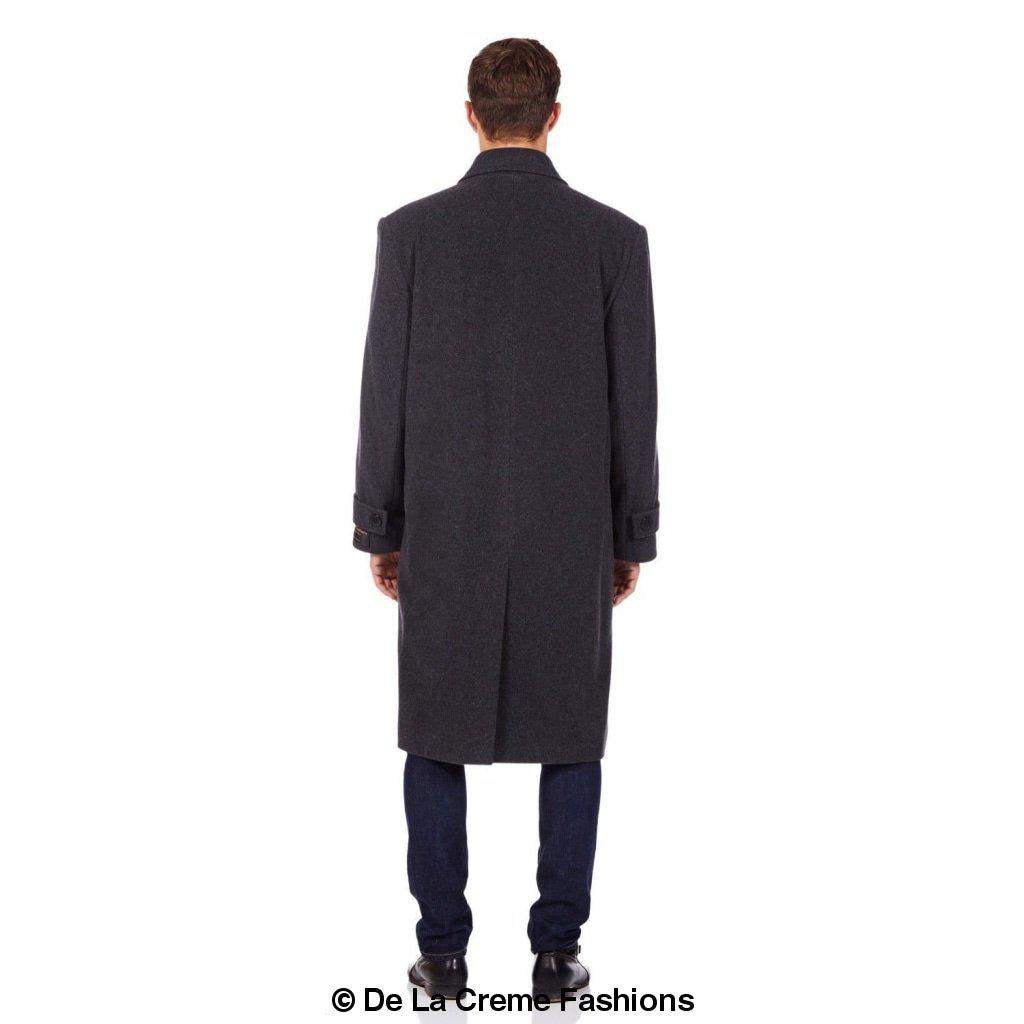 De La Creme MAN Wool & Cashmere Long Formal Overcoat in black, showcasing its elegant design and concealed button fastening.