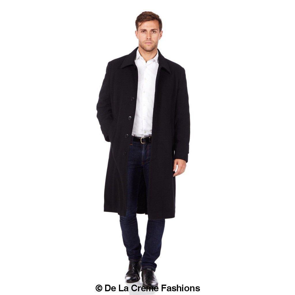 De La Creme MAN Wool & Cashmere Long Formal Overcoat in black, showcasing its elegant design and concealed button fastening.