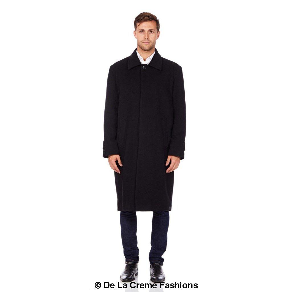 De La Creme MAN Wool & Cashmere Long Formal Overcoat in black, showcasing its elegant design and concealed button fastening.