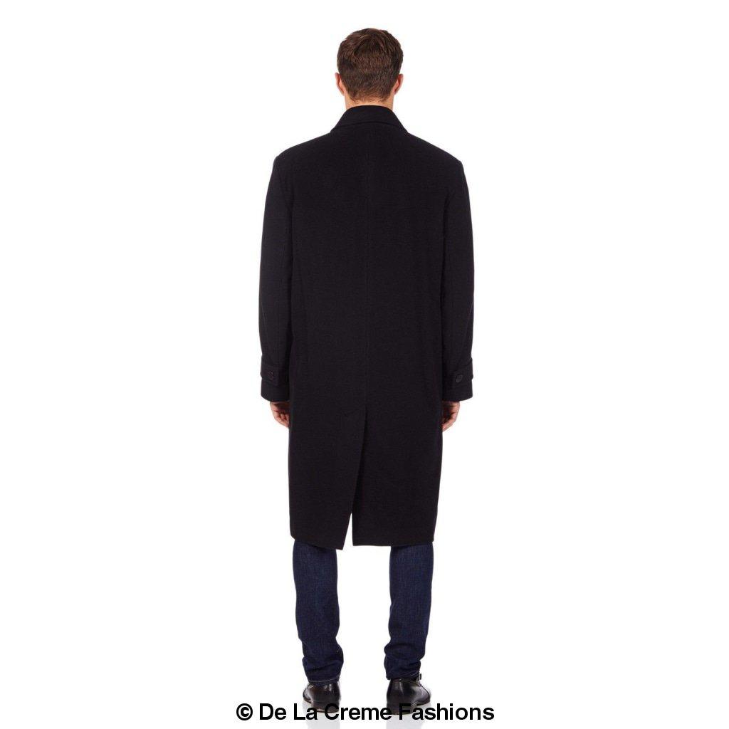 De La Creme MAN Wool & Cashmere Long Formal Overcoat in black, showcasing its elegant design and concealed button fastening.