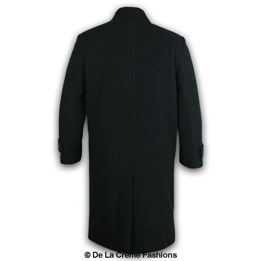 De La Creme MAN Wool & Cashmere Long Formal Overcoat in black, showcasing its elegant design and concealed button fastening.