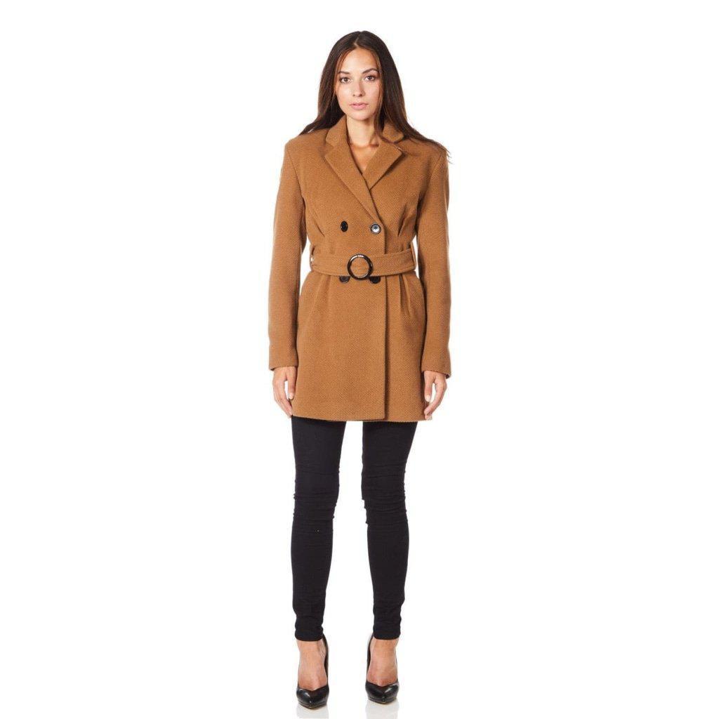 De La Creme Women's Camel Textured Short Belted Coat featuring a double-breasted design, long sleeves, and a stylish belt.