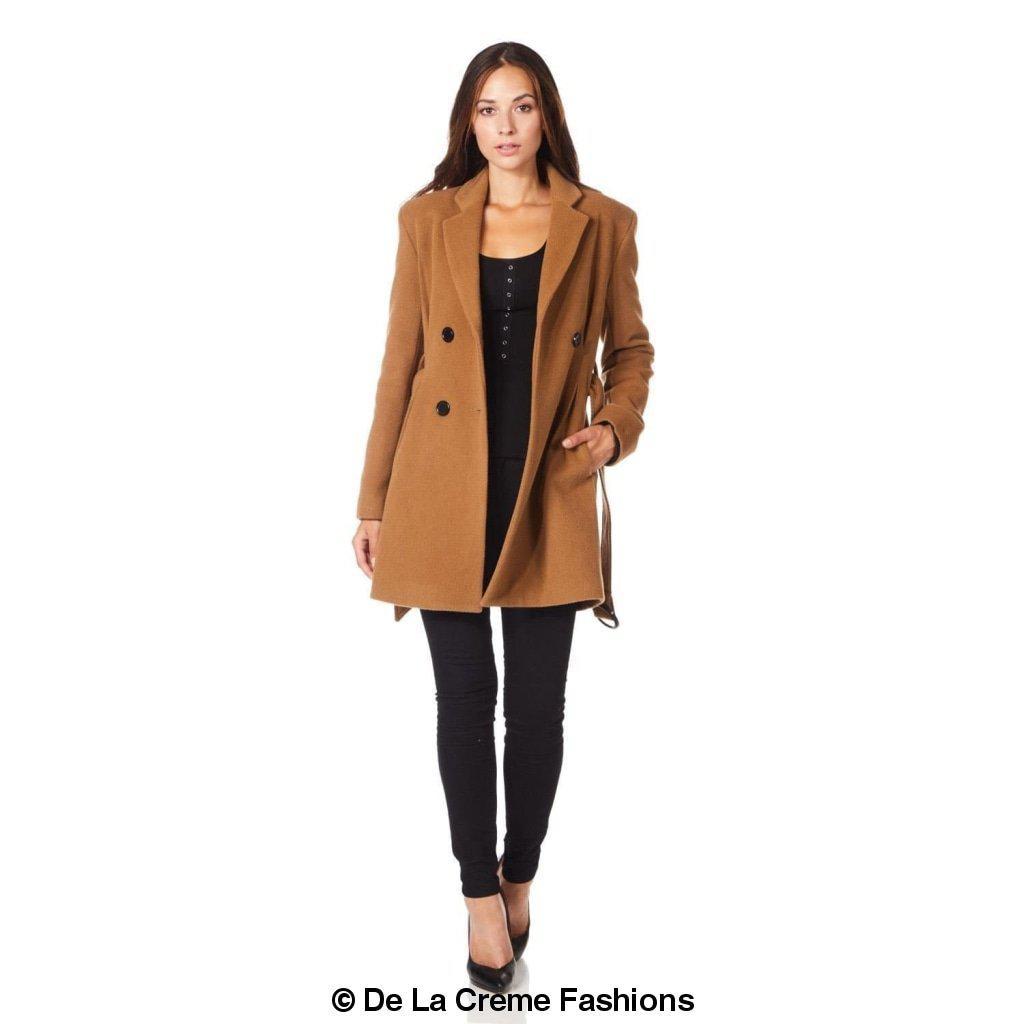 De La Creme Women's Camel Textured Short Belted Coat featuring a double-breasted design, long sleeves, and a stylish belt.