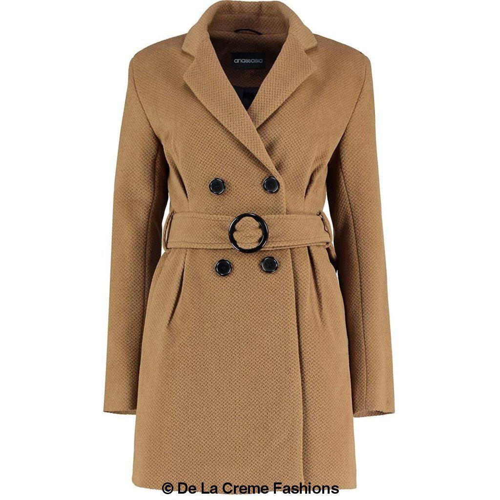 De La Creme Women's Camel Textured Short Belted Coat featuring a double-breasted design, long sleeves, and a stylish belt.