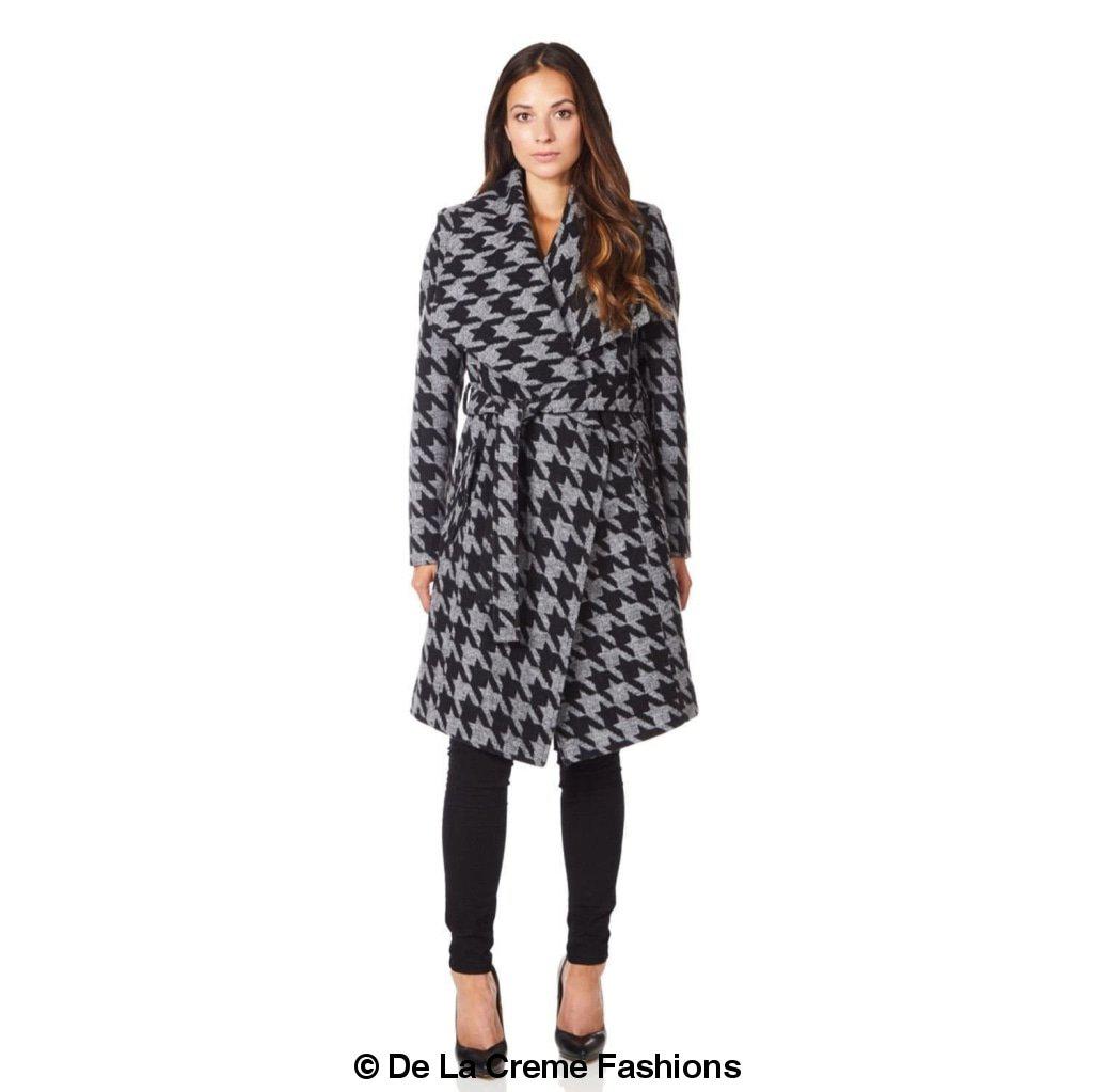 De La Creme Women's Dogtooth Grey Duster Coat with large lapel collar and free belt, showcasing elegant design and luxurious satin lining.