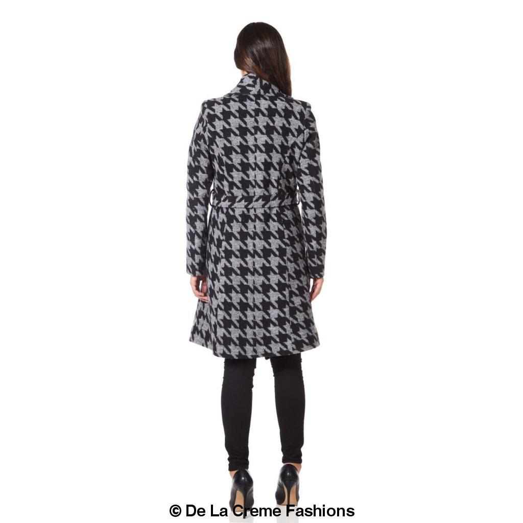 De La Creme Women's Dogtooth Grey Duster Coat with large lapel collar and free belt, showcasing elegant design and luxurious satin lining.