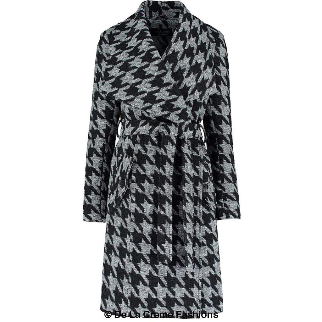 De La Creme Women's Dogtooth Grey Duster Coat with large lapel collar and free belt, showcasing elegant design and luxurious satin lining.