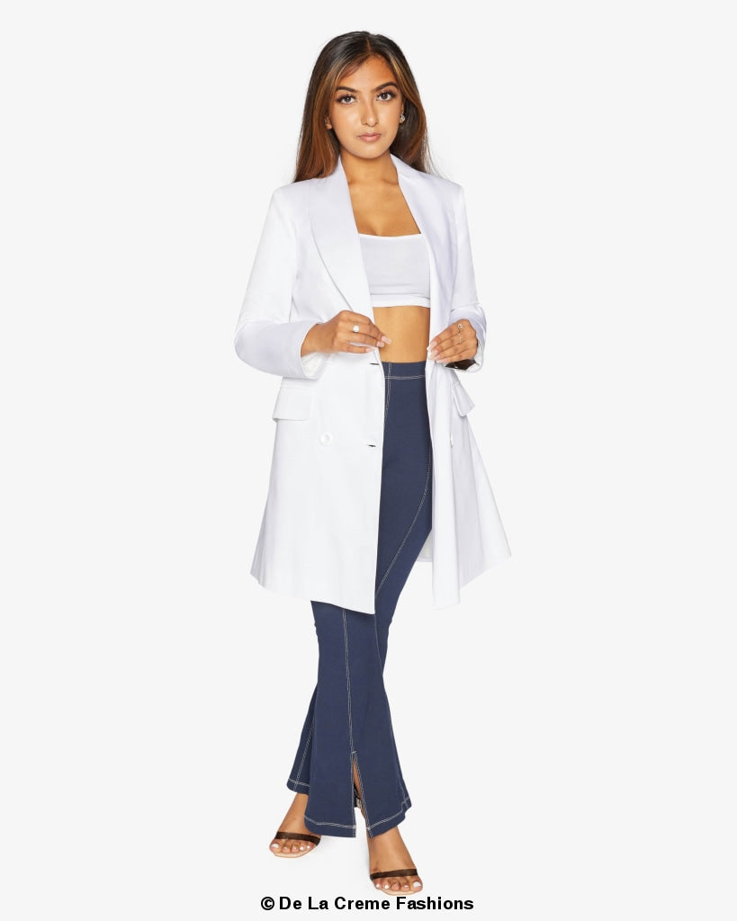 De La Creme Women's Double Breasted Longline Blazer in a stylish design, showcasing its elegant silhouette and high-quality fabric.