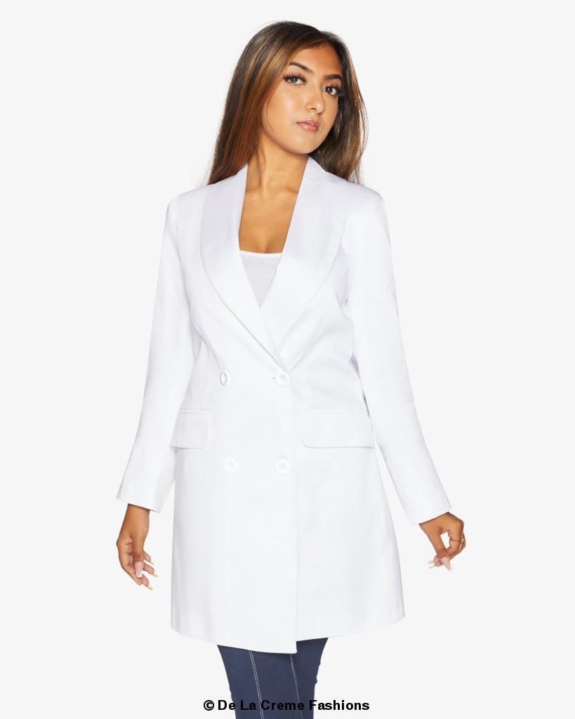 De La Creme Women's Double Breasted Longline Blazer in a stylish design, showcasing its elegant silhouette and high-quality fabric.