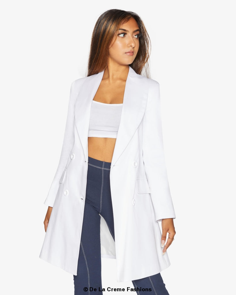 De La Creme Women's Double Breasted Longline Blazer in a stylish design, showcasing its elegant silhouette and high-quality fabric.