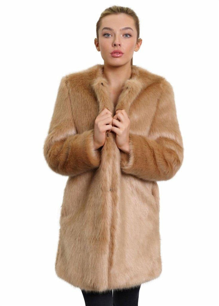 De La Creme Women's Faux Fur Classic Coat in camel and grey, showcasing luxurious faux fur texture and elegant design.