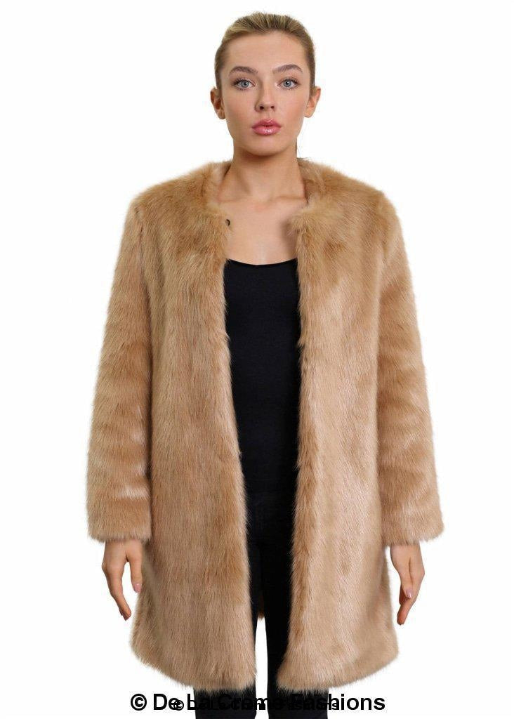 De La Creme Women's Faux Fur Classic Coat in camel and grey, showcasing luxurious faux fur texture and elegant design.