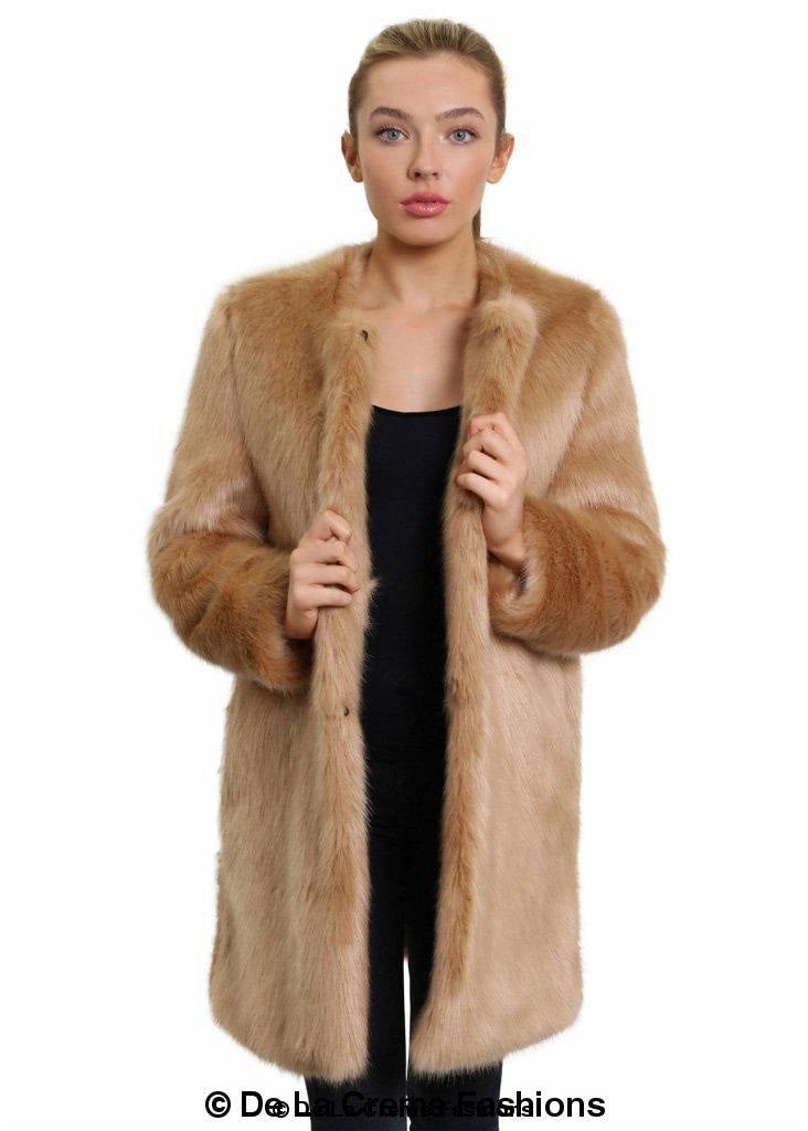 De La Creme Women's Faux Fur Classic Coat in camel and grey, showcasing luxurious faux fur texture and elegant design.