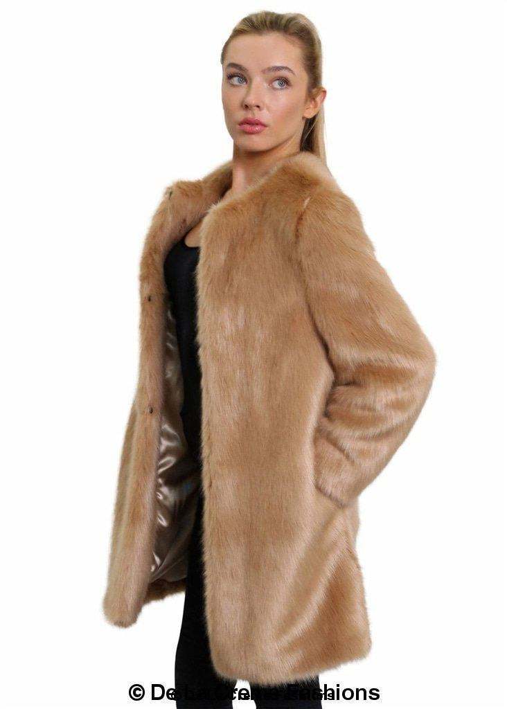 De La Creme Women's Faux Fur Classic Coat in camel and grey, showcasing luxurious faux fur texture and elegant design.