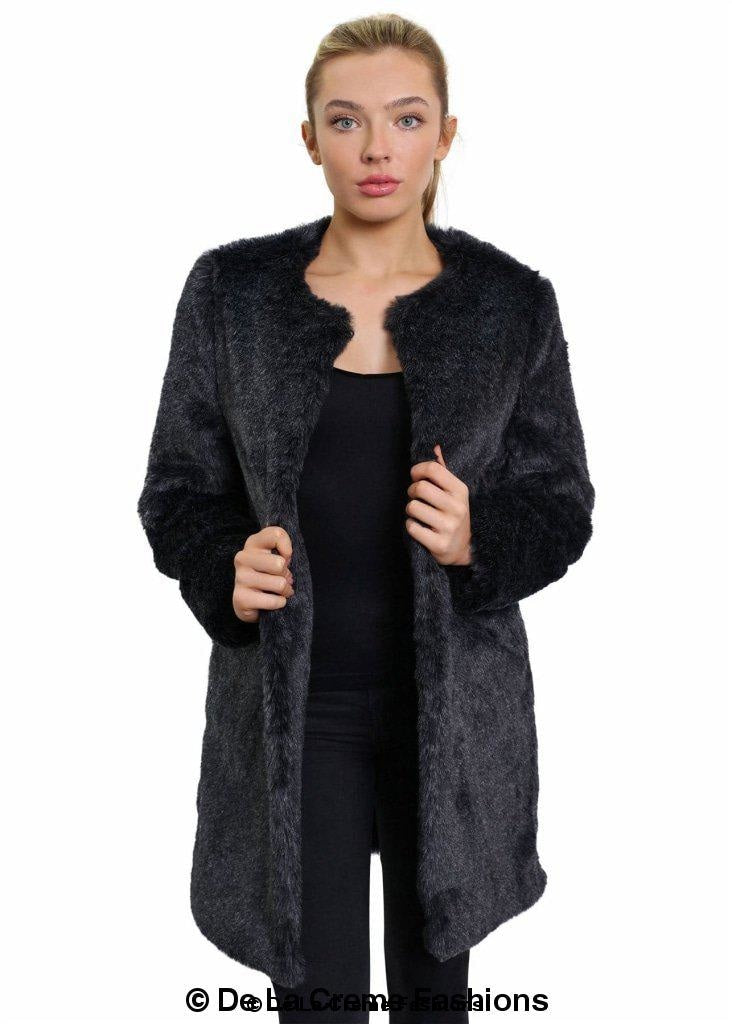 De La Creme Women's Faux Fur Classic Coat in camel and grey, showcasing luxurious faux fur texture and elegant design.