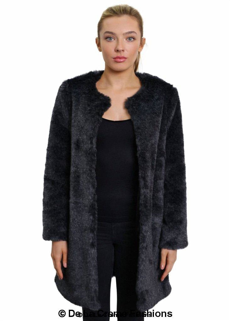 De La Creme Women's Faux Fur Classic Coat in camel and grey, showcasing luxurious faux fur texture and elegant design.