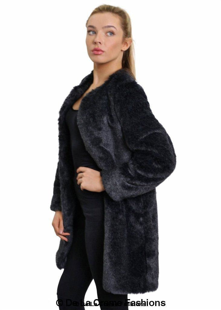 De La Creme Women's Faux Fur Classic Coat in camel and grey, showcasing luxurious faux fur texture and elegant design.