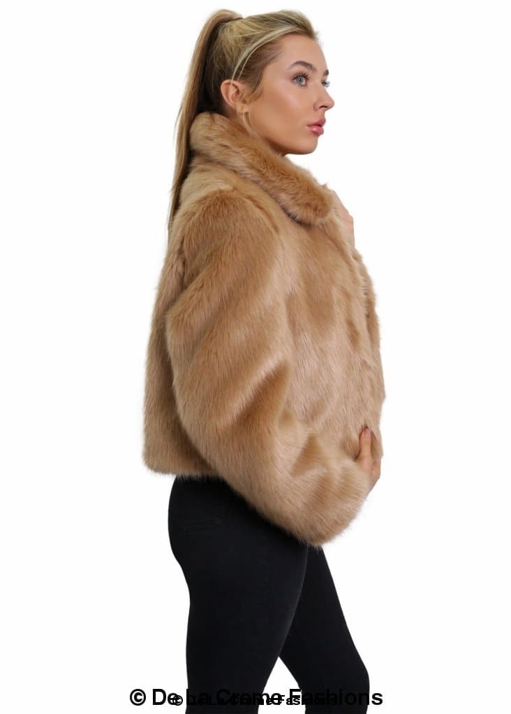 De La Creme Women's Faux Fur Cropped Aviator Bomber in Black, showcasing luxurious faux fur and cropped design.