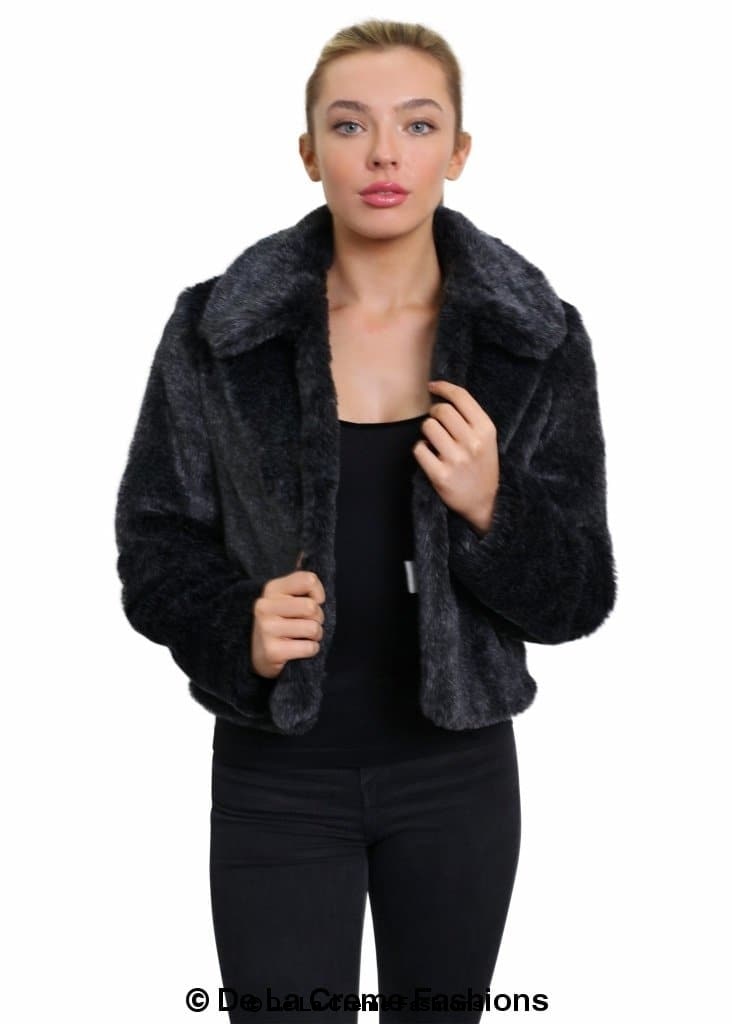 De La Creme Women's Faux Fur Cropped Aviator Bomber in Black, showcasing luxurious faux fur and cropped design.