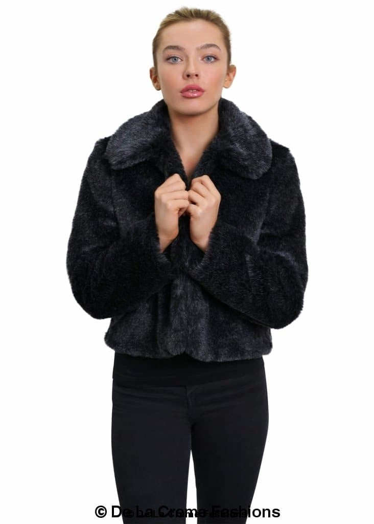 De La Creme Women's Faux Fur Cropped Aviator Bomber in Black, showcasing luxurious faux fur and cropped design.