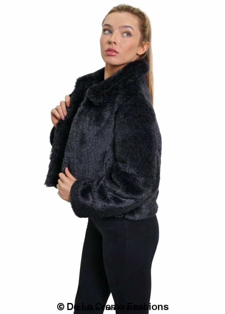 De La Creme Women's Faux Fur Cropped Aviator Bomber in Black, showcasing luxurious faux fur and cropped design.