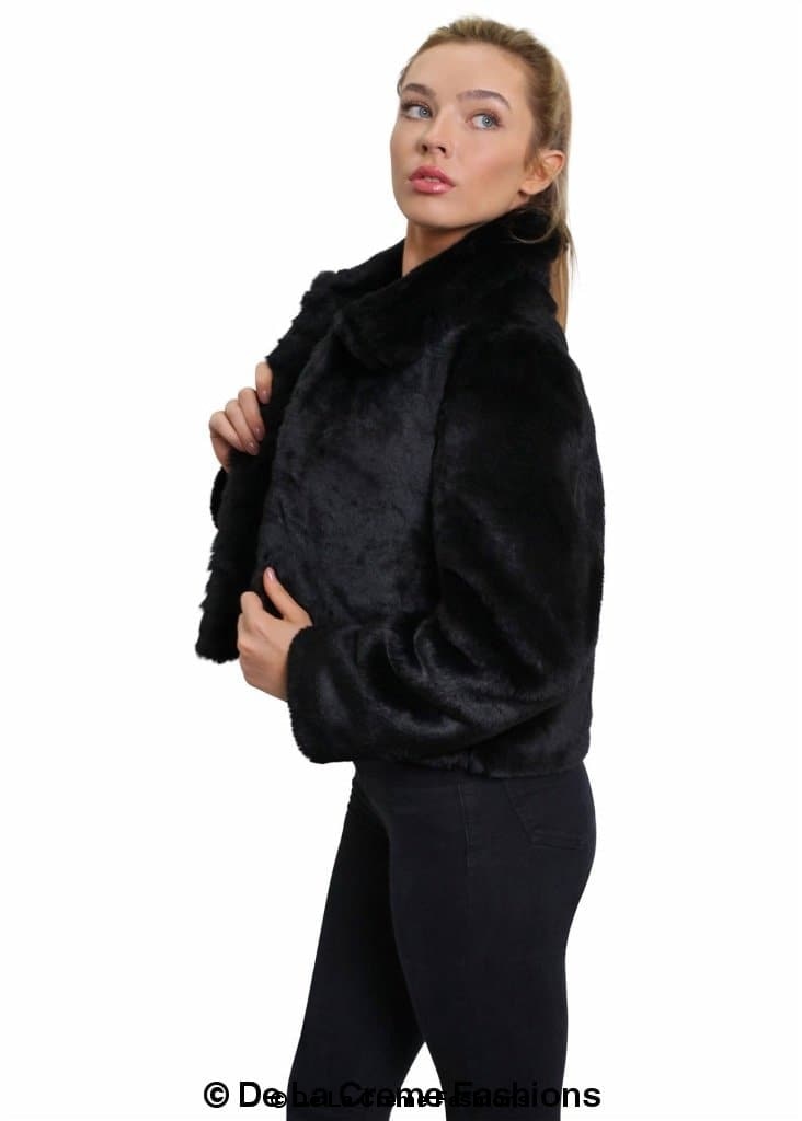 De La Creme Women's Faux Fur Cropped Aviator Bomber in Black, showcasing luxurious faux fur and cropped design.