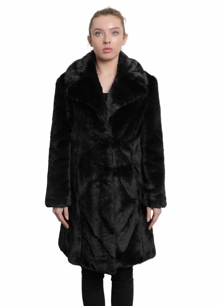 De La Creme Women's Faux Fur Large Lapel Mid Length Coat in Black, showcasing luxurious faux fur and elegant design.