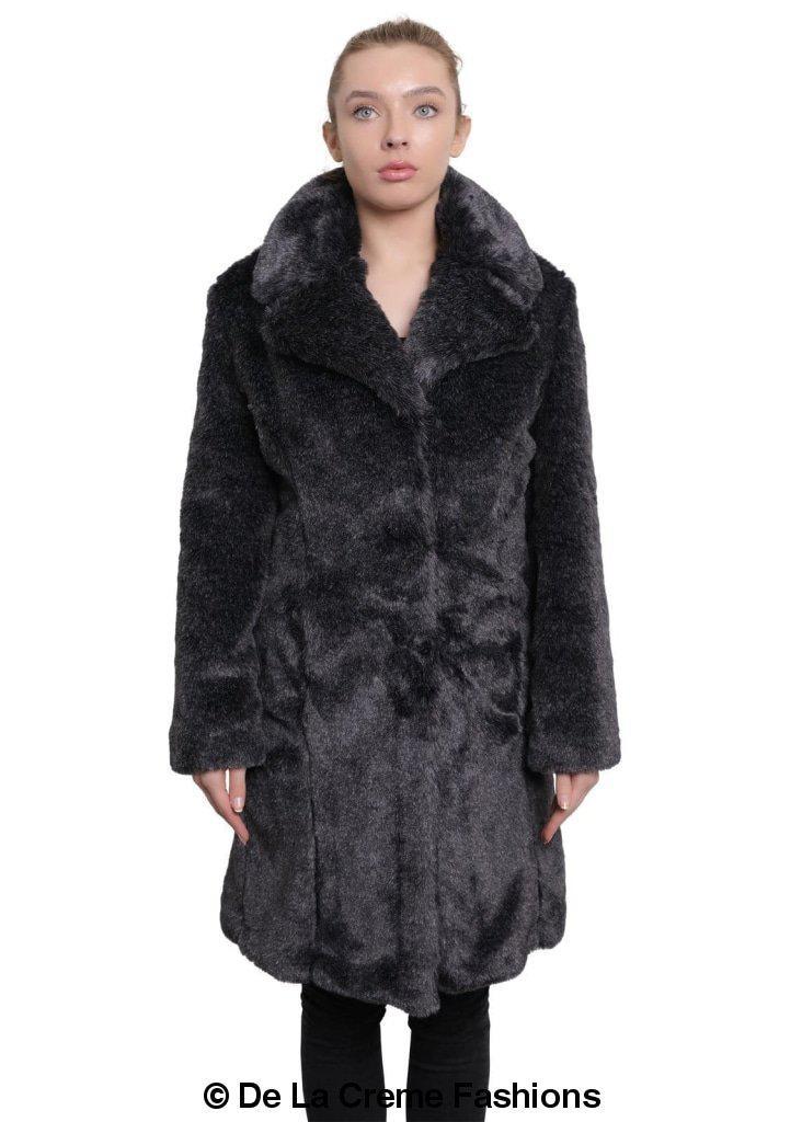 De La Creme Women's Faux Fur Large Lapel Mid Length Coat in Black, showcasing luxurious faux fur and elegant design.