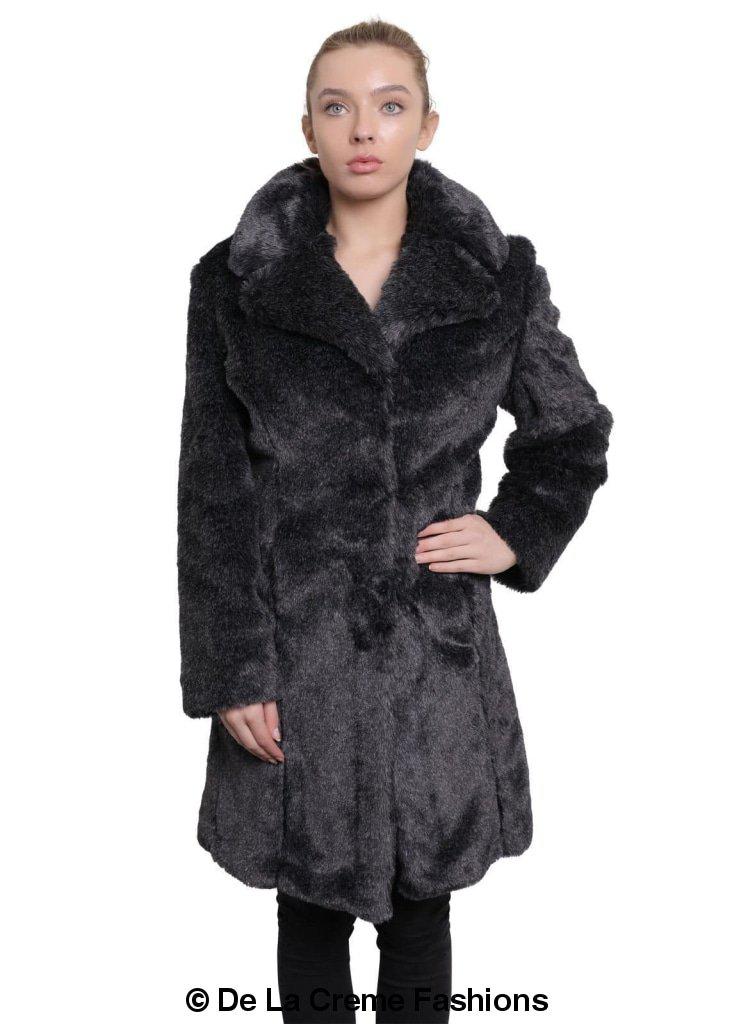 De La Creme Women's Faux Fur Large Lapel Mid Length Coat in Black, showcasing luxurious faux fur and elegant design.