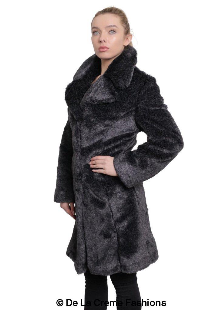 De La Creme Women's Faux Fur Large Lapel Mid Length Coat in Black, showcasing luxurious faux fur and elegant design.