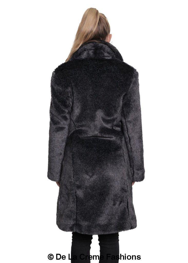 De La Creme Women's Faux Fur Large Lapel Mid Length Coat in Black, showcasing luxurious faux fur and elegant design.