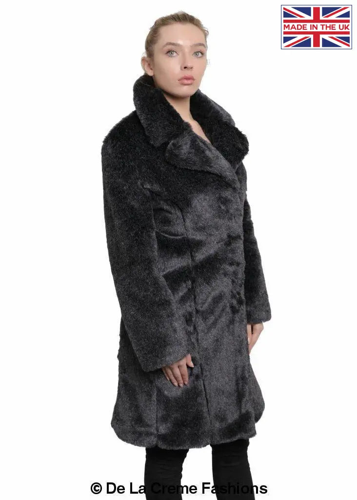 De La Creme Women's Faux Fur Large Lapel Mid Length Coat in Black, showcasing luxurious faux fur and elegant design.