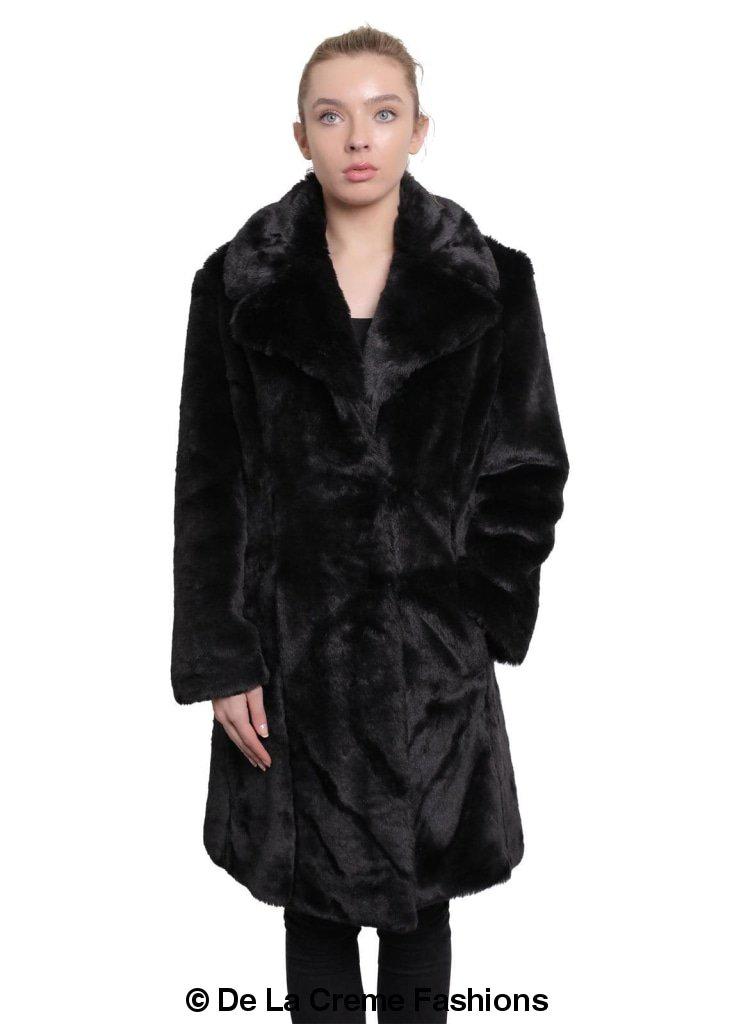 De La Creme Women's Faux Fur Large Lapel Mid Length Coat in Black, showcasing luxurious faux fur and elegant design.