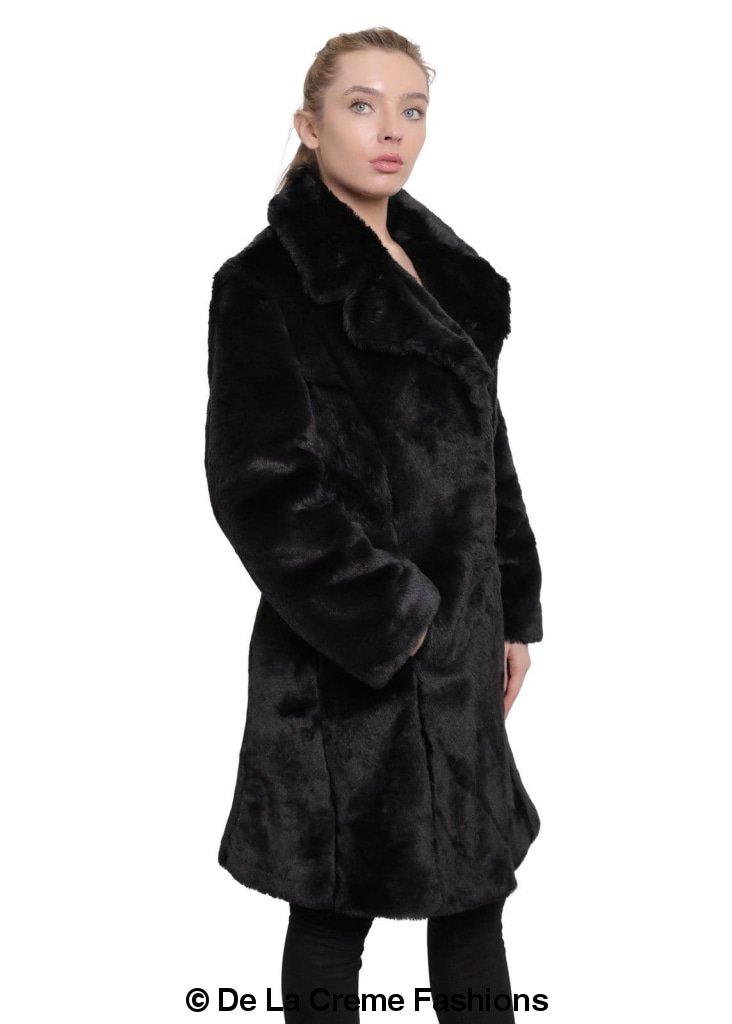 De La Creme Women's Faux Fur Large Lapel Mid Length Coat in Black, showcasing luxurious faux fur and elegant design.